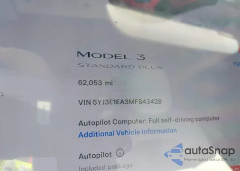 2021 Tesla Model 3 Standard Range Plus Rear-Wheel Drive из США, поврежденный, VIN 5YJ3E1EA3MF843428